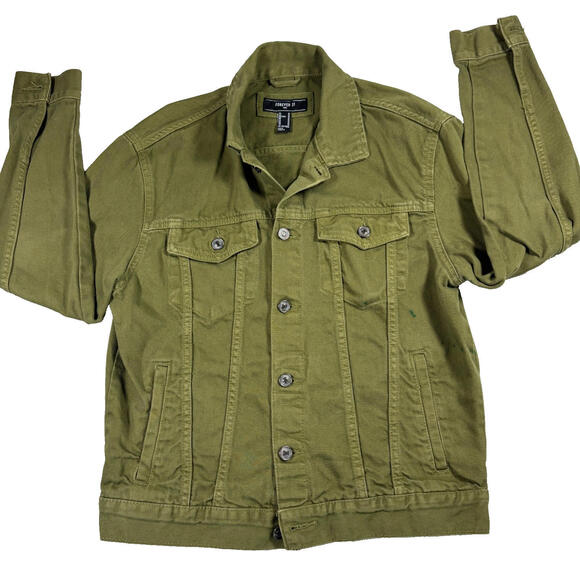 Forever 21 Mens M Jacket Olive Green Trucker Utility Button Up Streetwear Y2K - Picture 1 of 12